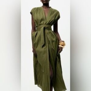 ZARA  ZW COLLECTION OLIVE GREEN BELTED WRINKLED/CRINKLE EFFECT DRESS